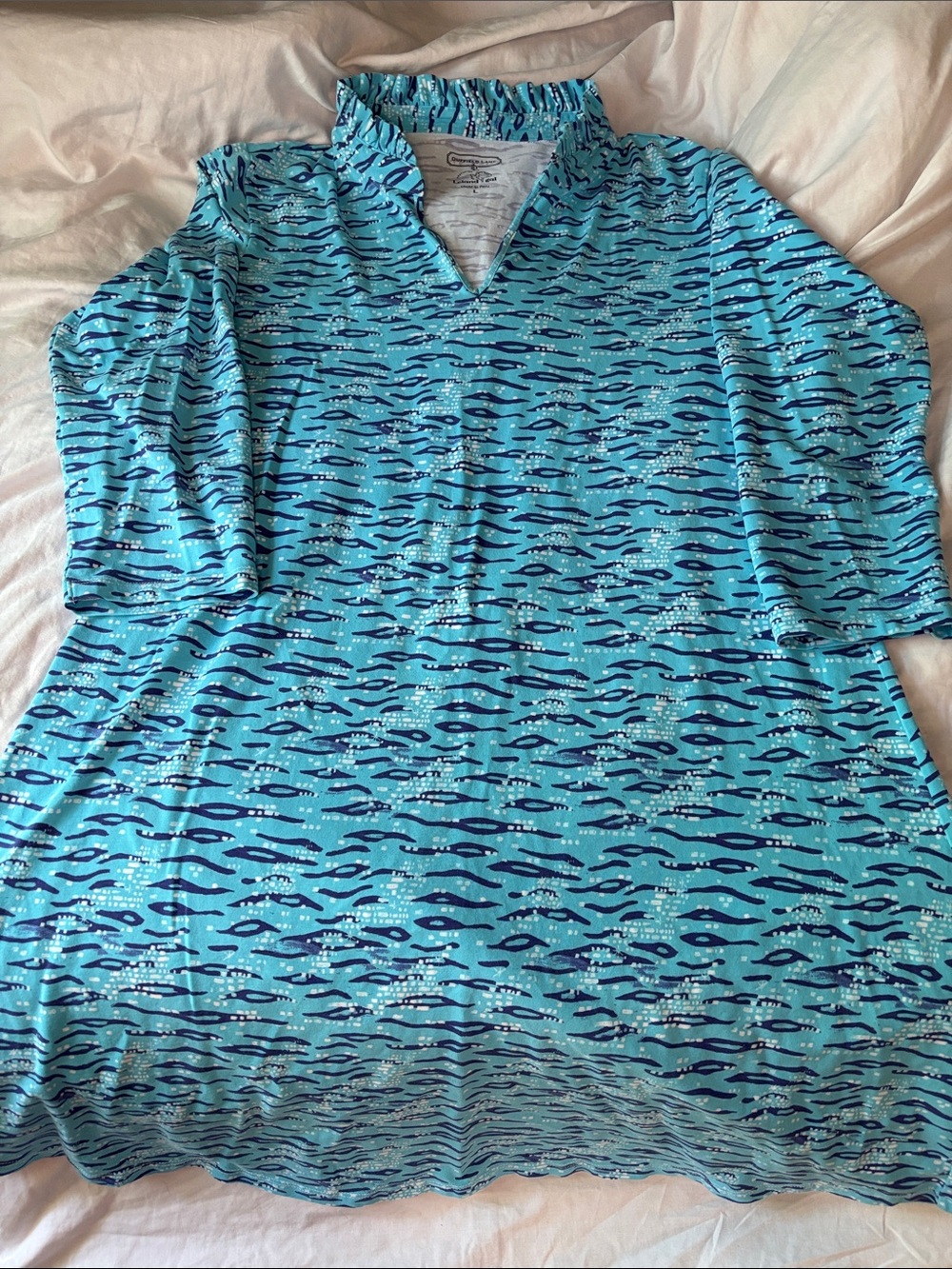 Duffield Lane Leland Gal Blue Coastal Print Ruffle Neck Dress Large